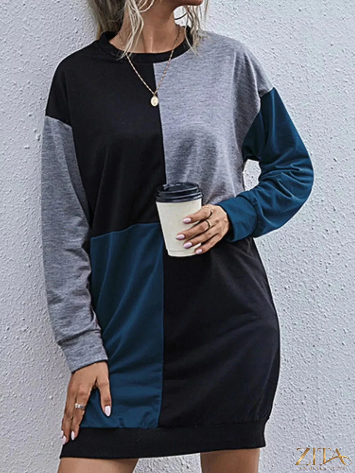 Zita La Belle Elite color block casual long sleeve mini dress with vibrant geometric patterns and a fitted silhouette.