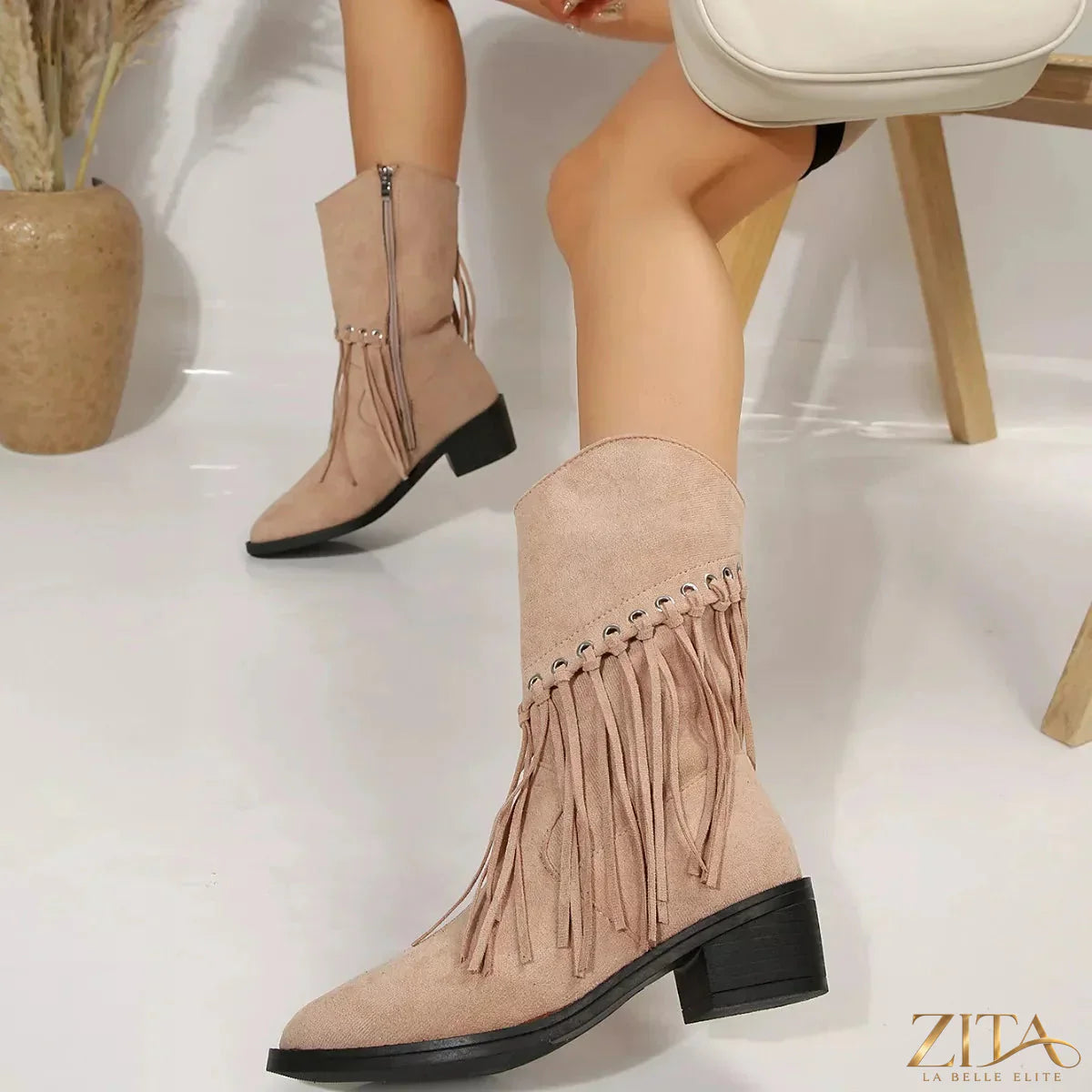 Zita La Belle Elite fringe Western block heel boots with stitched leather and decorative fringe detail, stylish for casual wear.