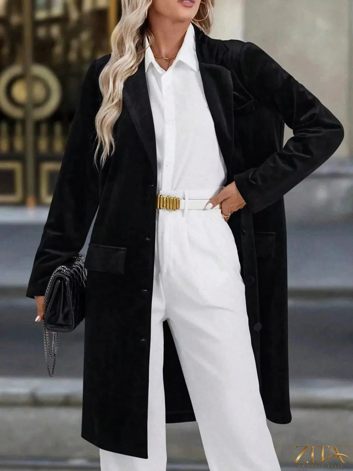 Zita La Belle Elite longline coat with lapel collar and long sleeves, stylish and tailored for a sophisticated look.