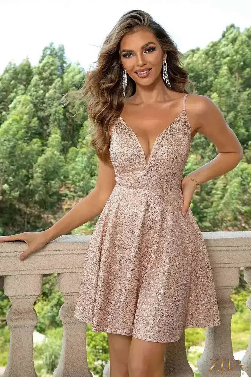 Zita La Belle Elite sequin spaghetti strap mini dress with sparkling fabric, perfect for party wear, shown in a close-up view.
