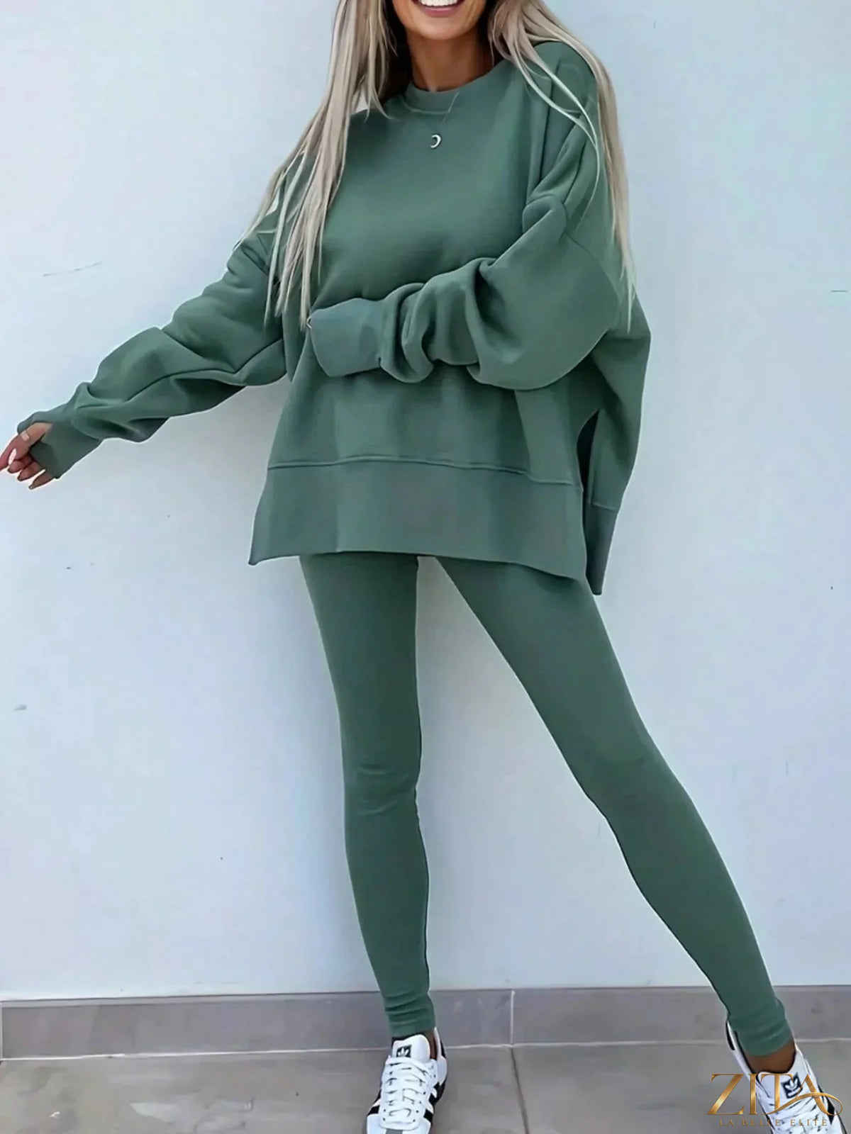 Zita La Belle Elite solid color oversized slit sweatshirt and ribbed leggings 2-piece set, casual loungewear or athleisure outfit