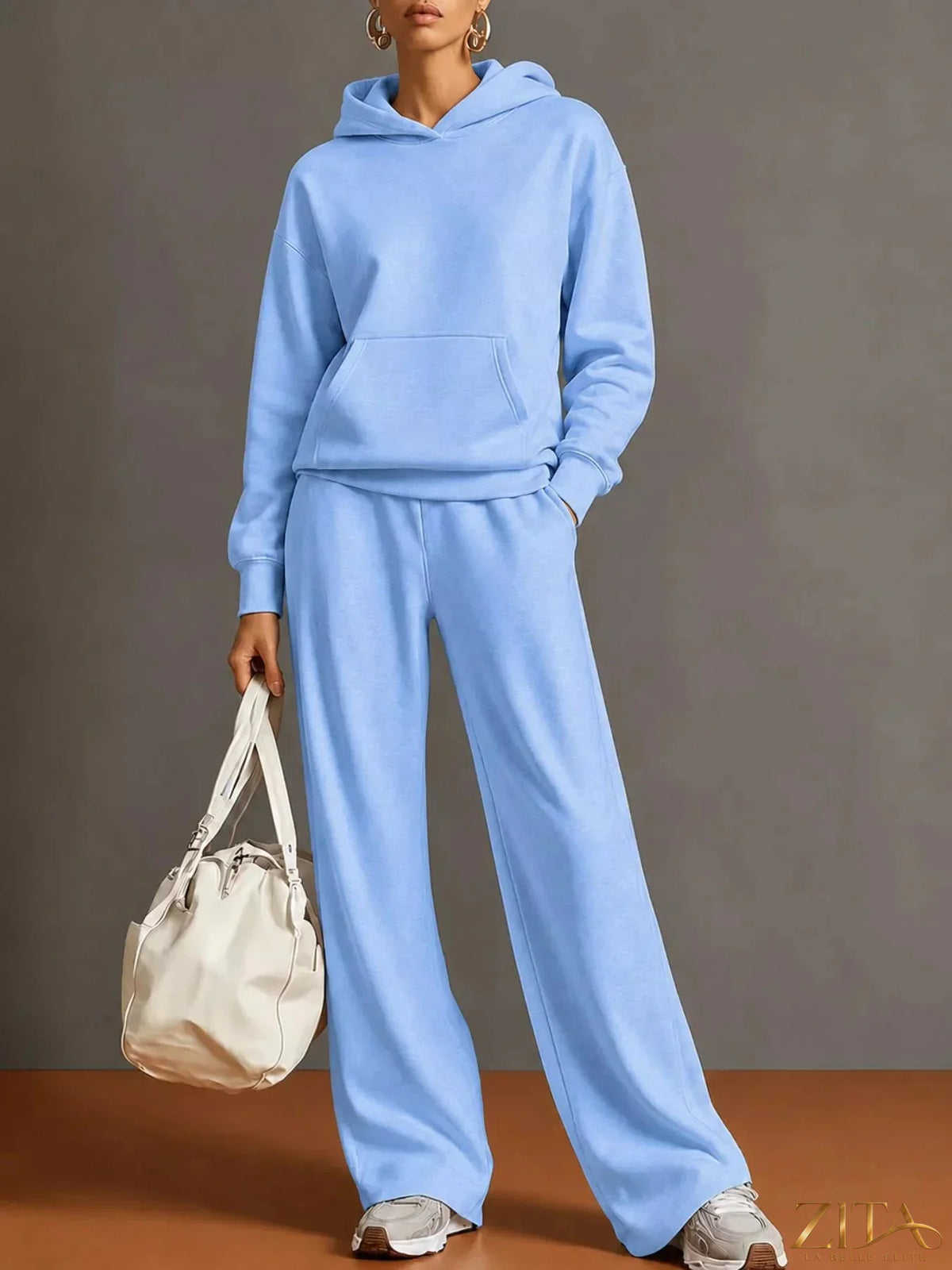 Zita La Belle Elite kangaroo pocket hoodie and matching pants two-piece set, soft fabric, casual style, front view.