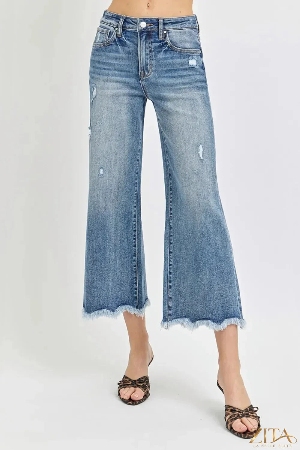 Zita La Belle Elite Risen high rise cropped flare jeans showing fit, light wash denim, and stylish cropped length.
