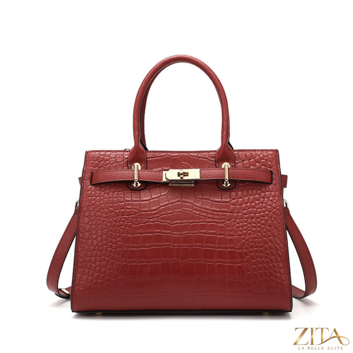 Crocodile-embossed leather top handle handbag by Zita La Belle Elite, featuring a structured design and gold-tone hardware.