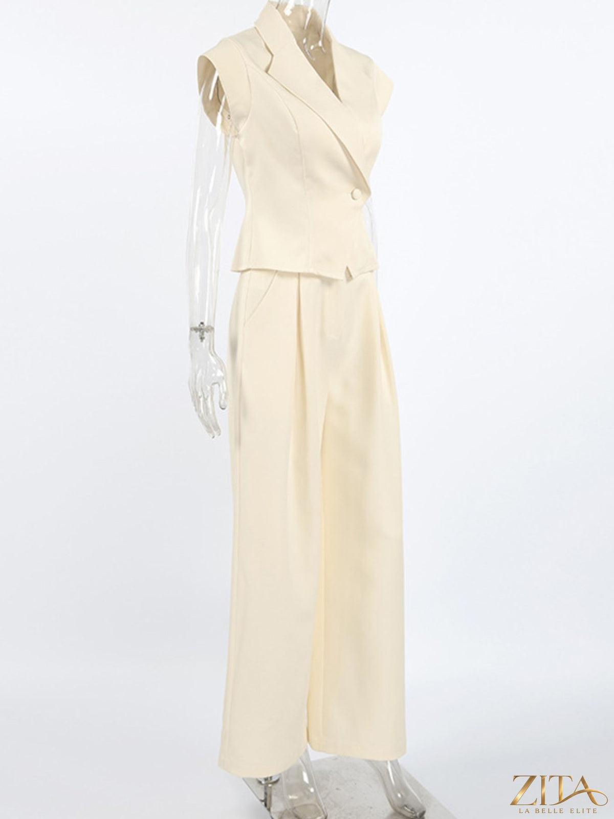 Zita La Belle Elite one button blazer and wide leg pants set in classic tailored style, displayed on a neutral background.