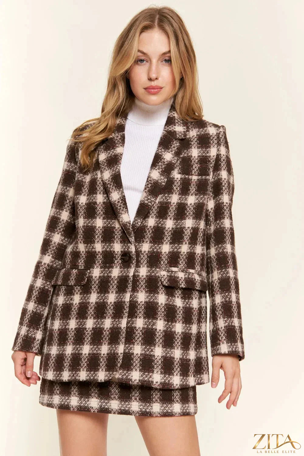 Zita La Belle Elite And The Why full size plaid brushed blazer with one button, featuring classic tailored fit and stylish design.