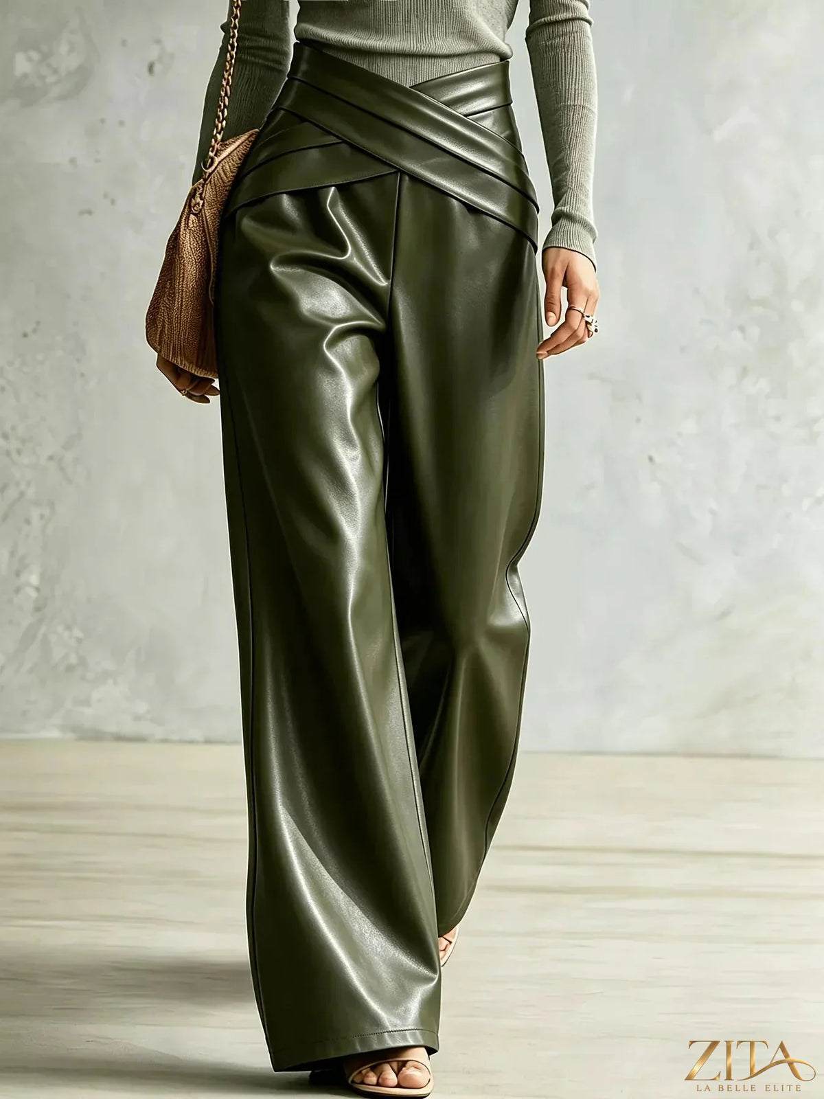 Zita La Belle Elite criss-cross wide-leg pants in black fabric, stylish high-waisted design with flowing silhouette.