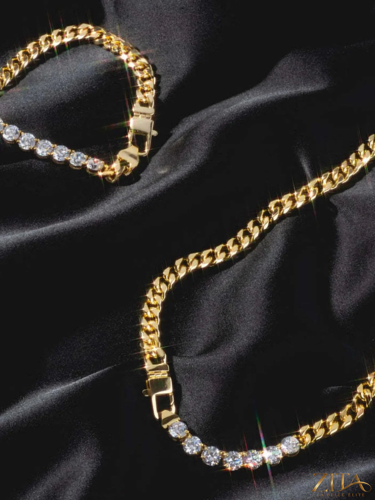 18K gold-plated zircon necklace and bracelet jewelry set featuring matching chain designs and sparkling zircon stones.