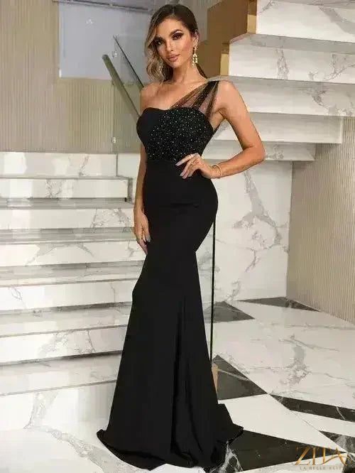 Zita La Belle Elite women's rhinestone one-shoulder formal evening gown, elegant black dress with sparkling embellishments.