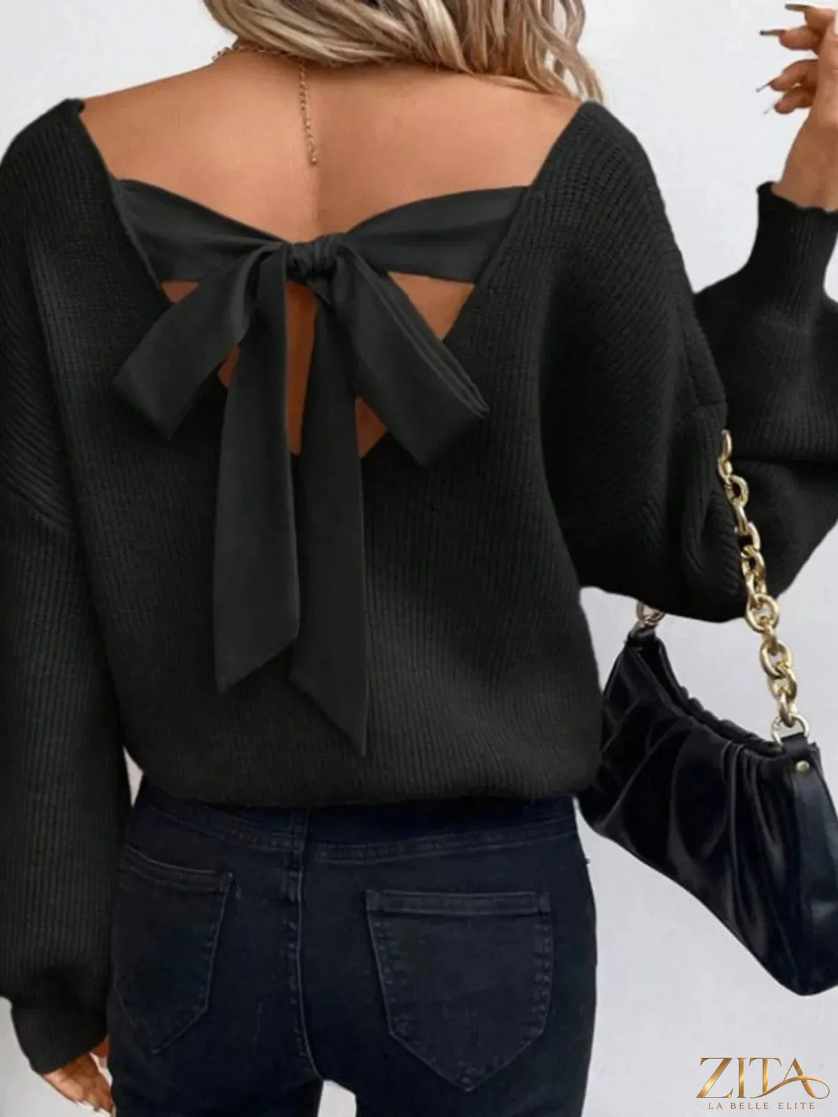 Zita La Belle Elite back bow V-neck sweater in soft knit fabric with a stylish bow detail at the back.