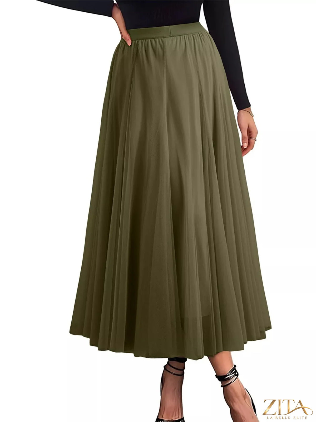 White tulle A-line midi skirt by Trendsi, flowing fabric with a fitted waist and elegant, layered design.