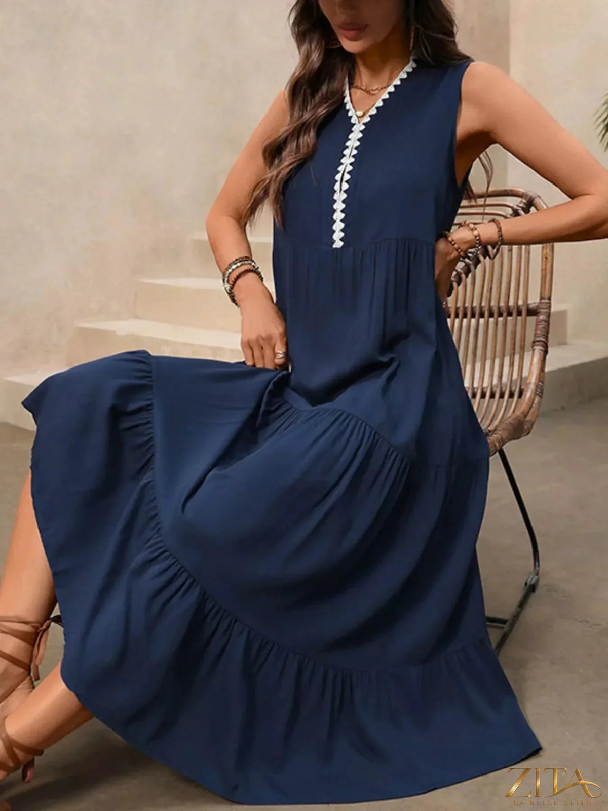 Zita La Belle Elite sleeveless tiered ruffle hem casual dress with flowy fabric and layered design, perfect for summer or casual wear.