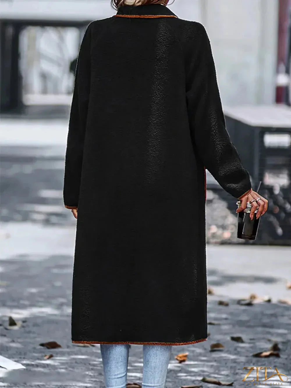 Zita La Belle Elite full-size long sleeve coat with contrast trim and pockets, stylish and warm outerwear for cold weather.