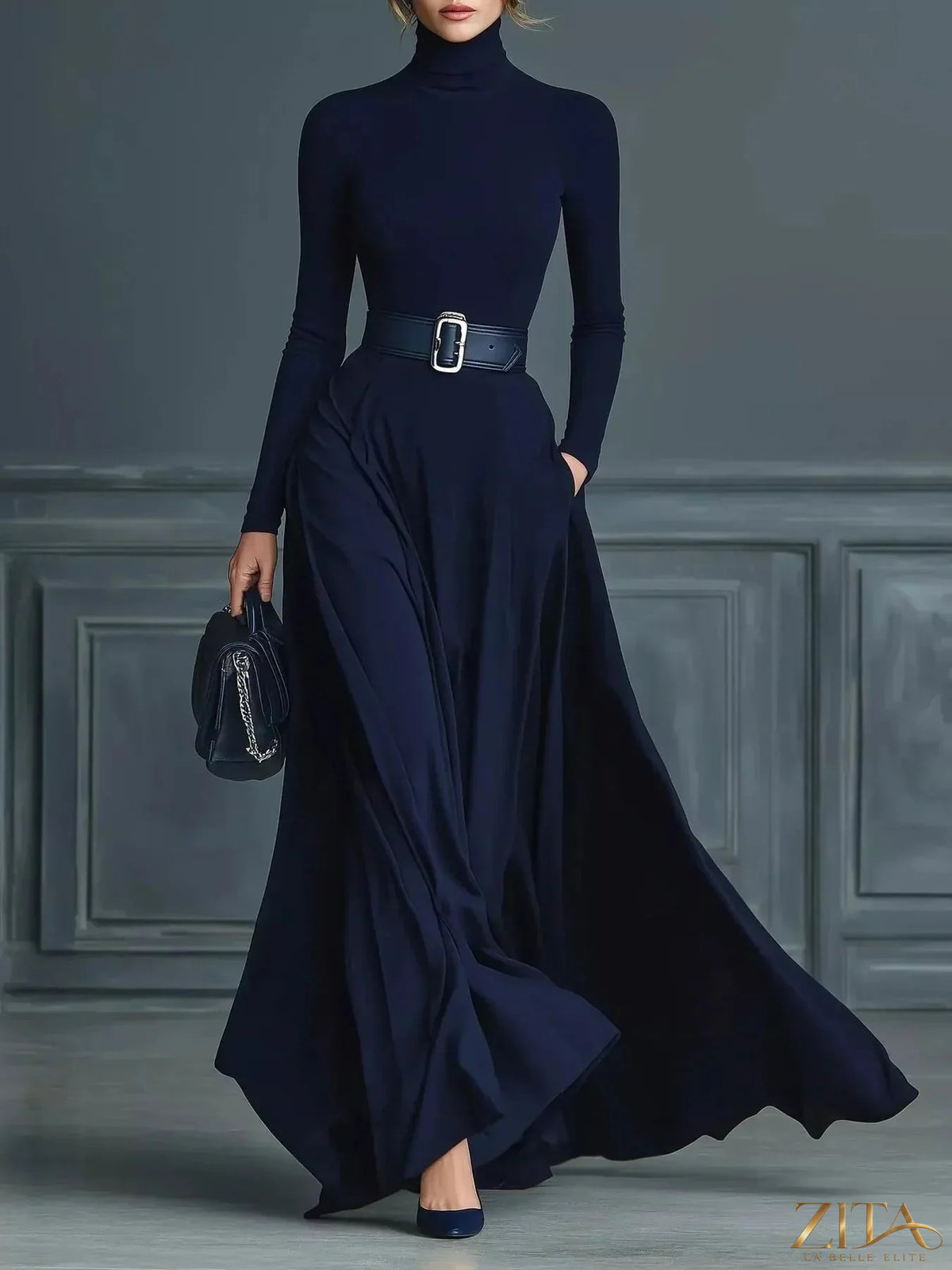 Zita La Belle Elite long sleeve turtleneck maxi dress in a flowing fabric, stylish and elegant for formal or casual wear.