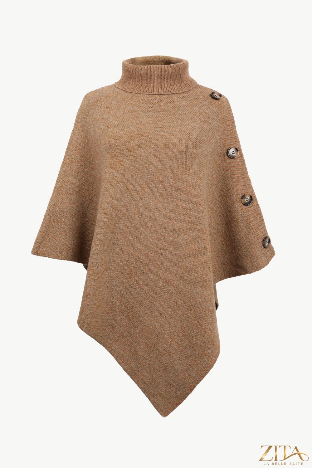 Zita La Belle Elite turtleneck buttoned poncho in cozy knit fabric, featuring a high collar and button details for stylish warmth.