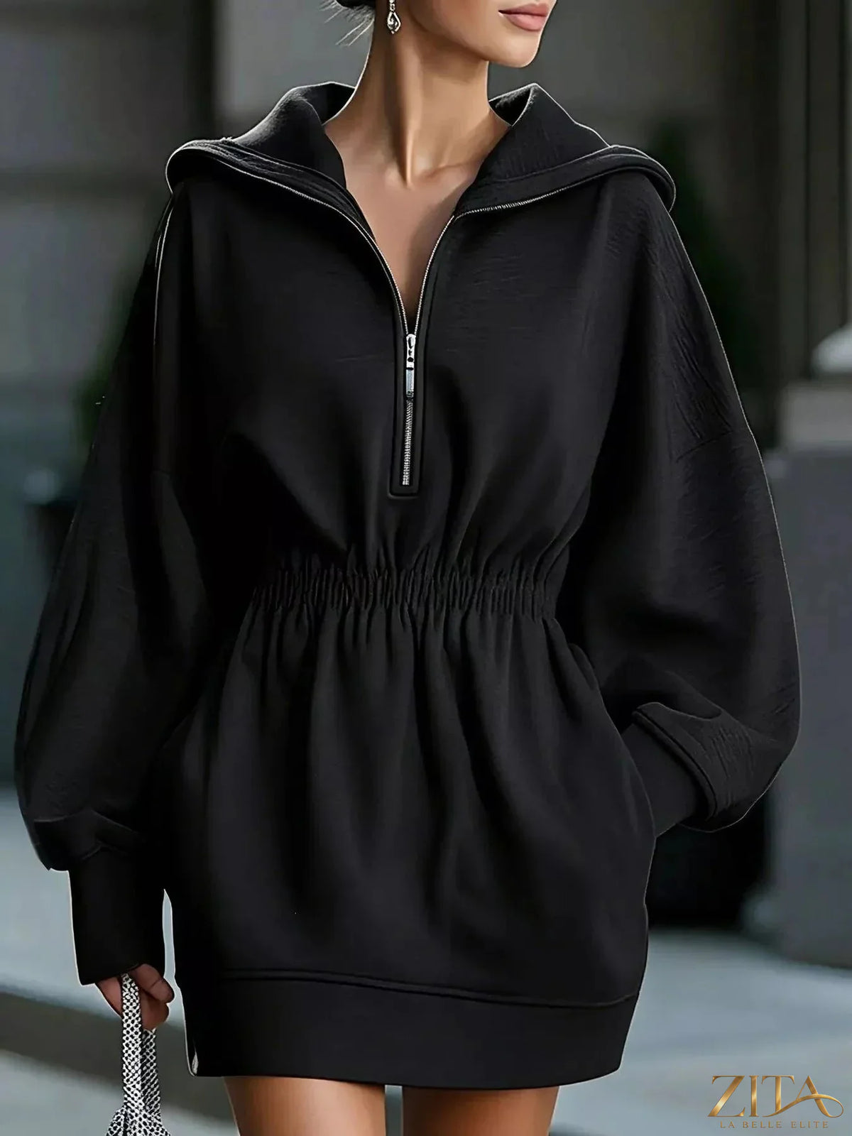 Zita La Belle Elite casual hooded quarter-zip sweatshirt dress in soft fabric, featuring a relaxed fit and front zipper detail.