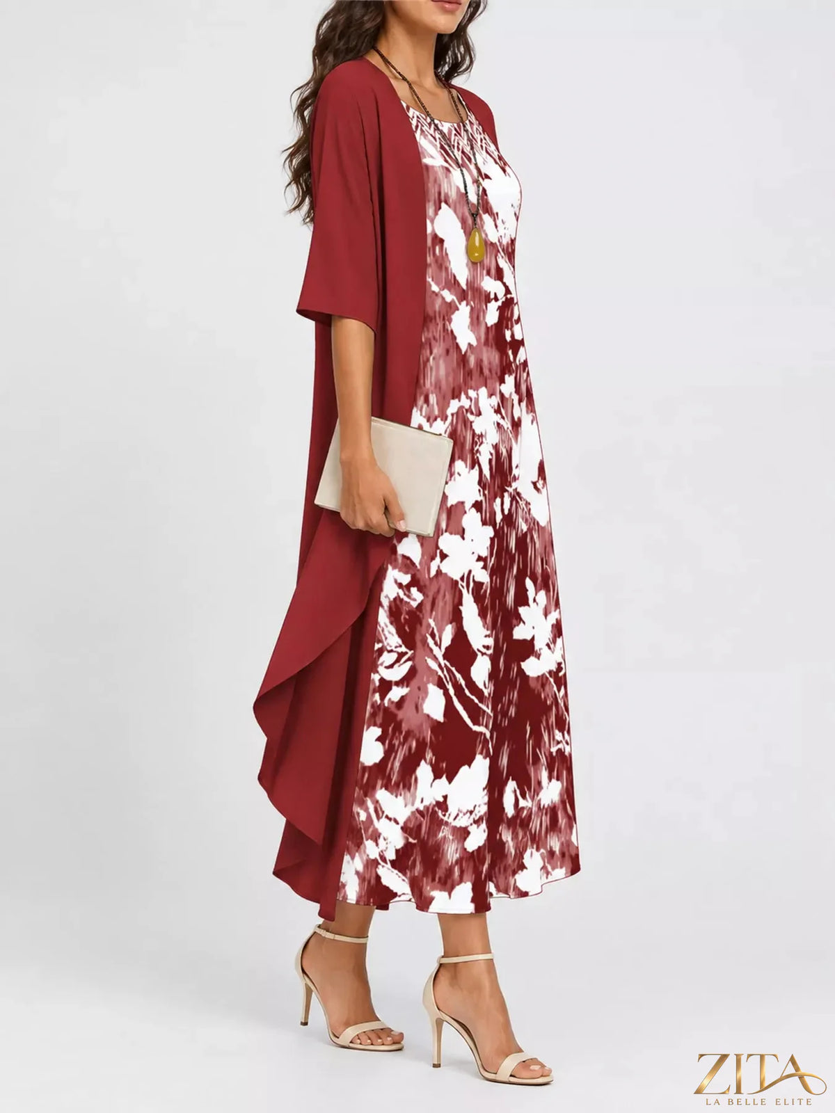 Plus size floral print midi dress and chiffon cardigan set by Zita La Belle Elite, front view showing vibrant pattern and flowy fabric.