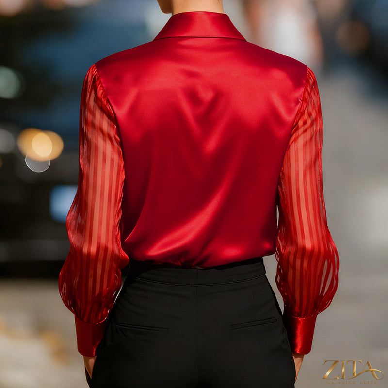 Zita La Belle Elite satin lapel collar sheer long sleeve blouse, casualwear, featuring elegant satin details and a lightweight, sheer fabric.