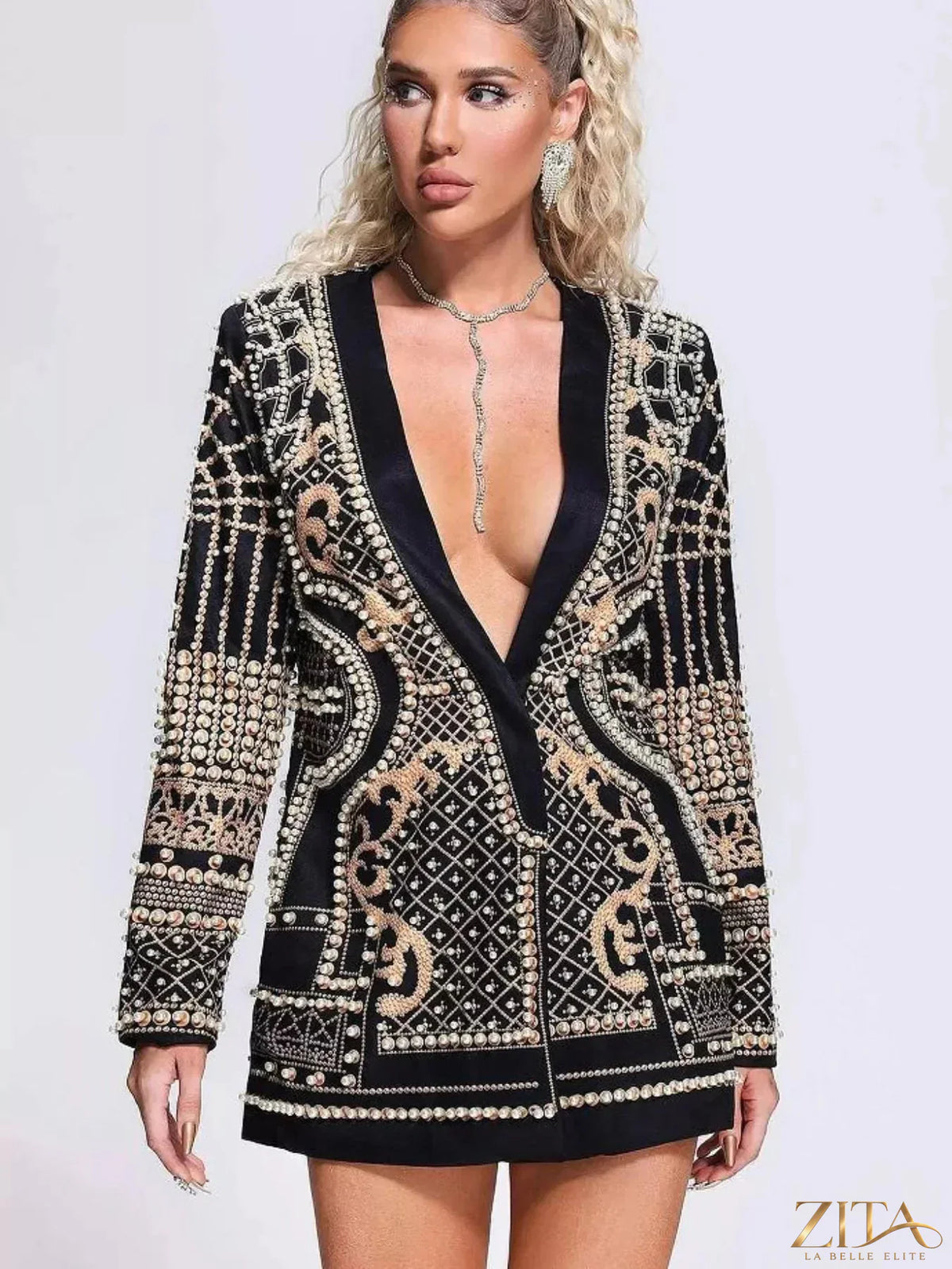 Plus size Zita La Belle Elite embellished pearl blazer with one button, tailored fit, and elegant design.