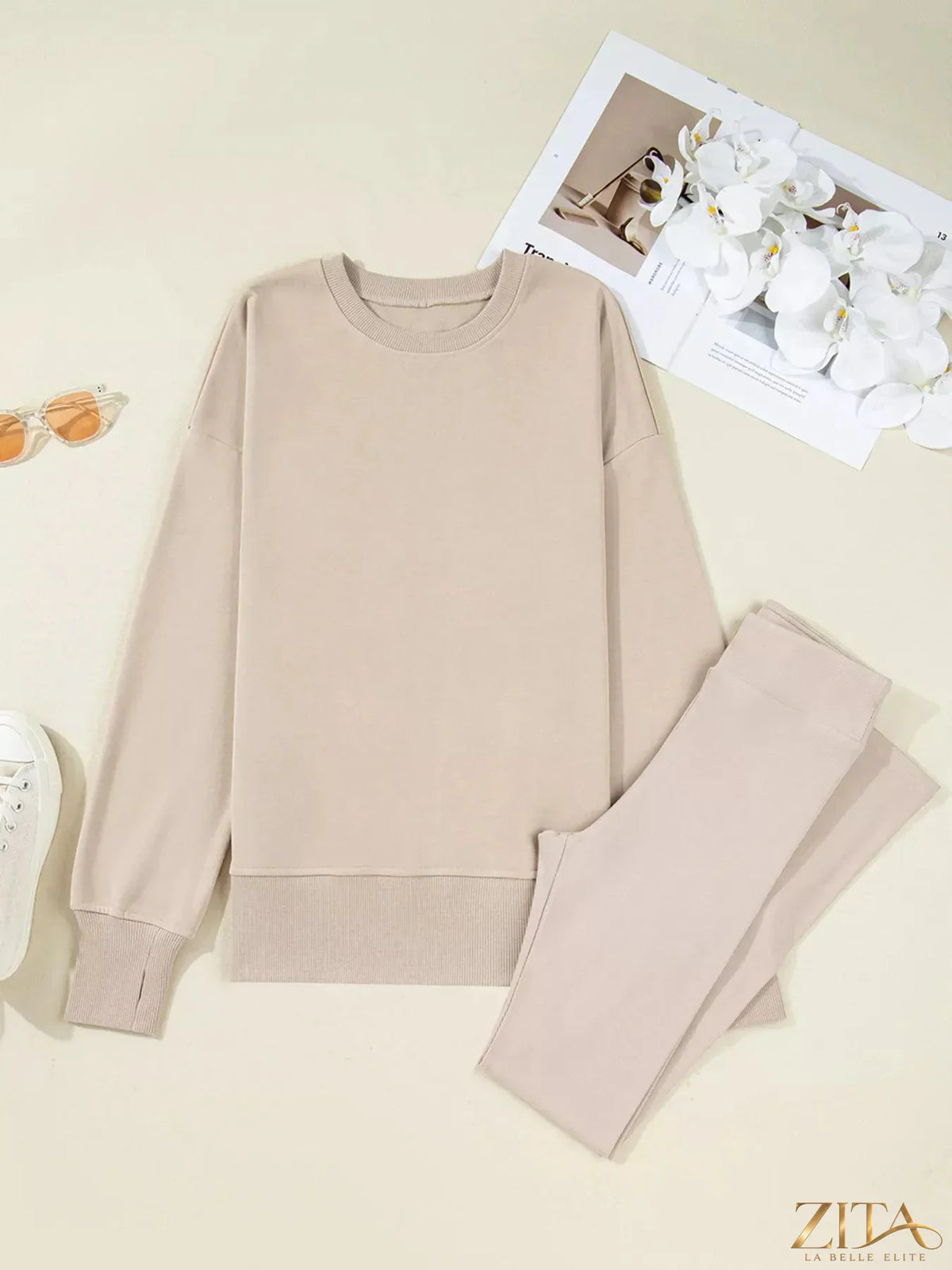 Zita La Belle Elite solid color oversized slit sweatshirt and ribbed leggings 2-piece set, displayed on a mannequin.