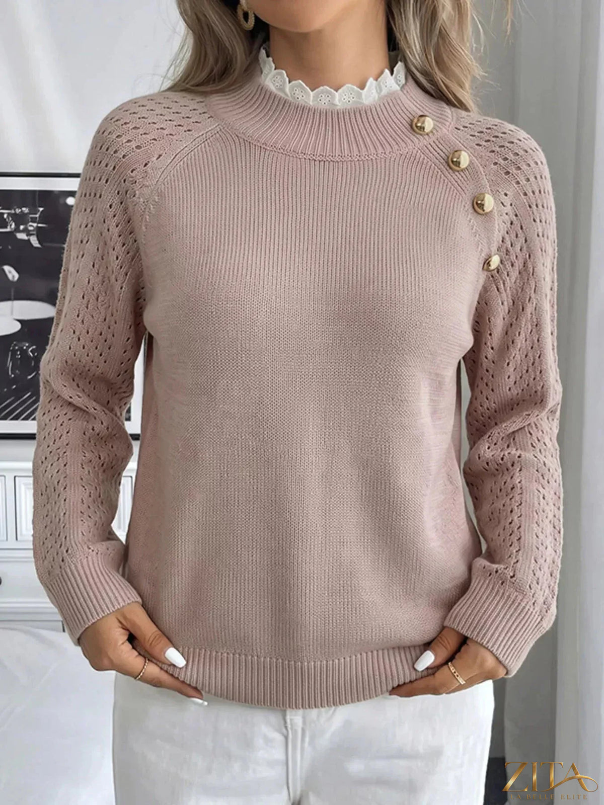 Zita La Belle Elite openwork mock neck sweater featuring intricate knit pattern and long sleeves, stylish and cozy for cooler weather.