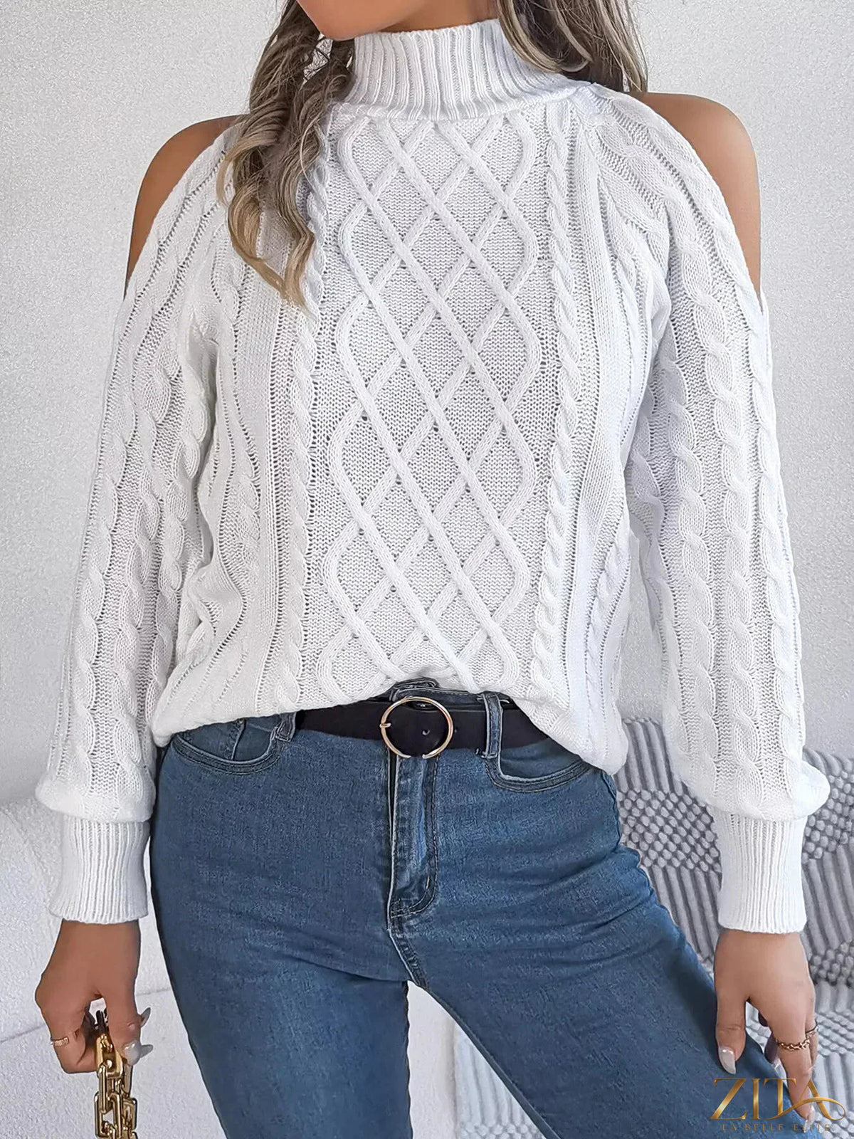 Zita La Belle Elite cold-shoulder cable knit sweater with long sleeves and ribbed cuffs, stylish and cozy for cold weather.