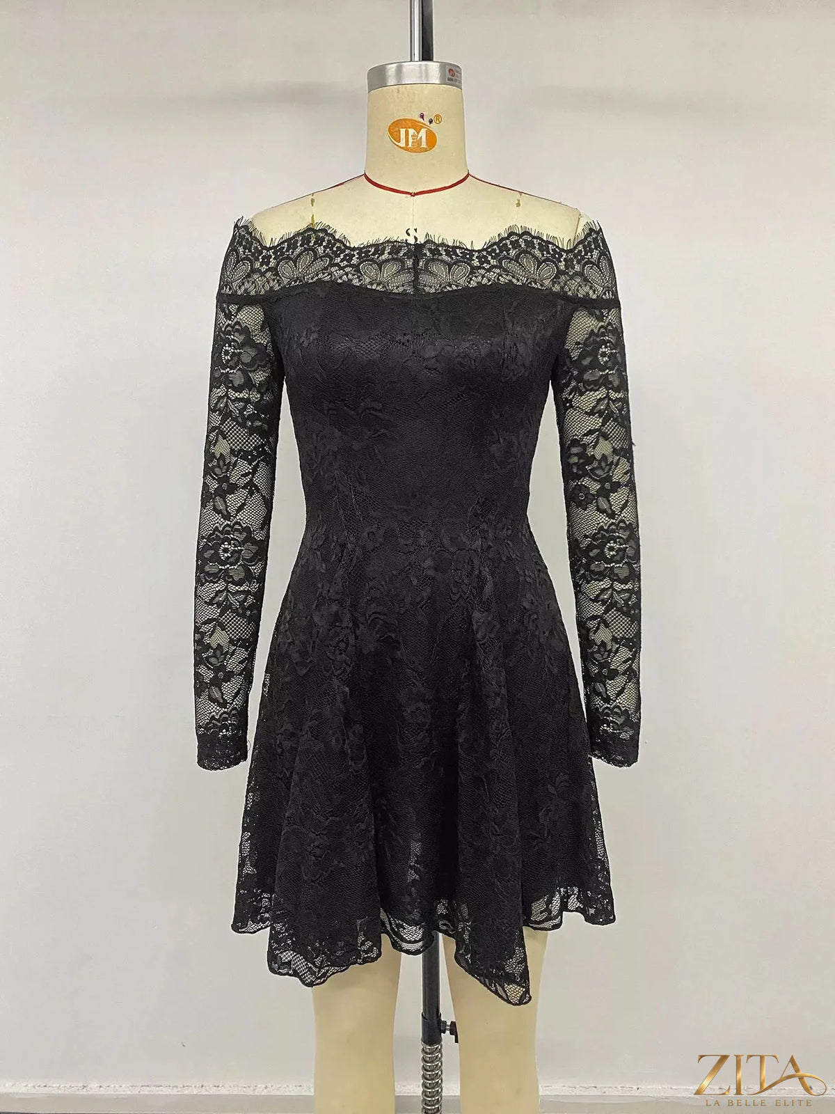Zita La Belle Elite lace off-shoulder mini dress featuring delicate lace fabric and a fitted silhouette for elegant style.