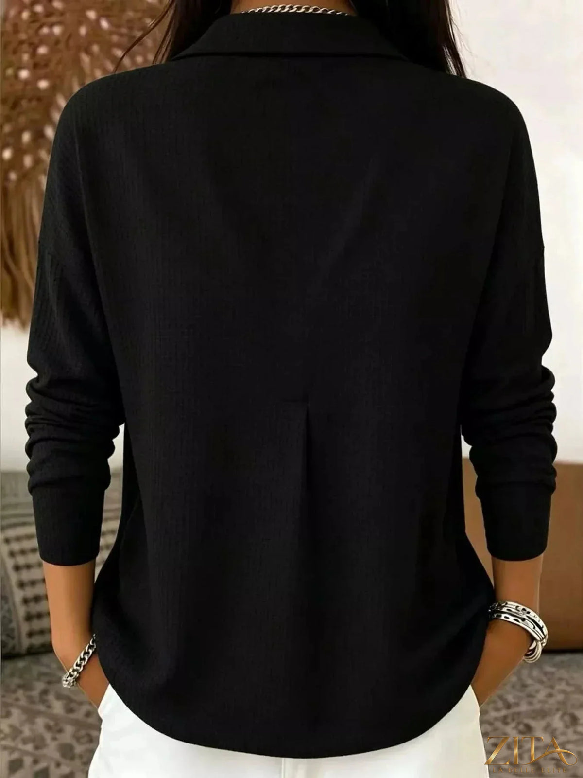Zita La Belle Elite waffle knit snap-down blouse in a stylish, textured fabric with a classic collar and button front.