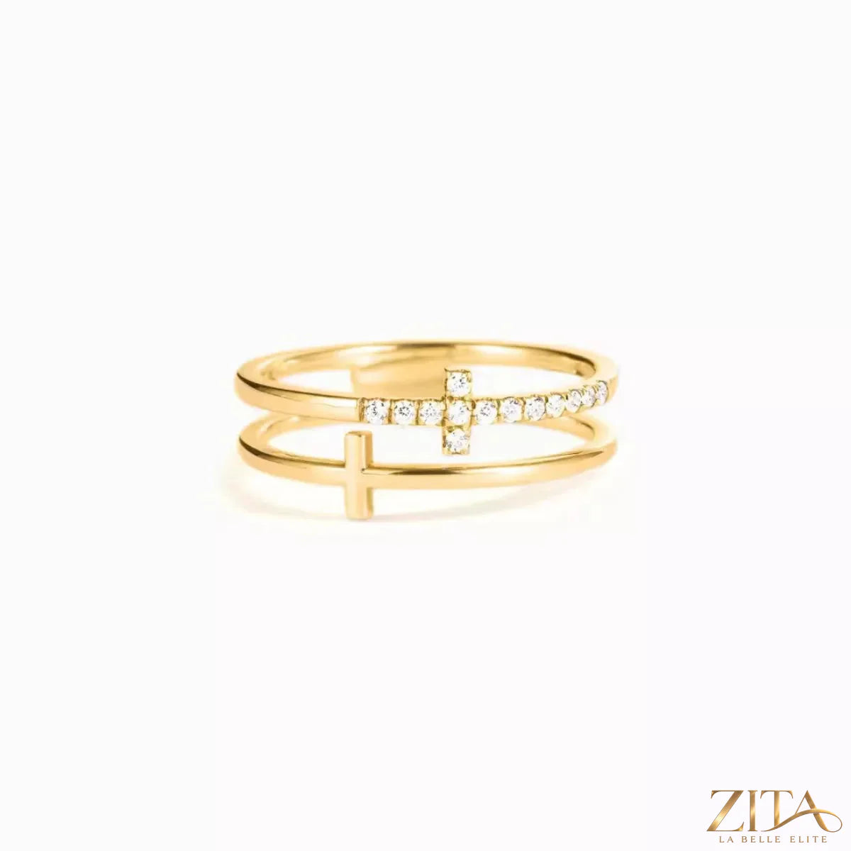 Sterling silver double band cross ring by Zita La Belle Elite featuring intertwined bands and a cross design on a white background.