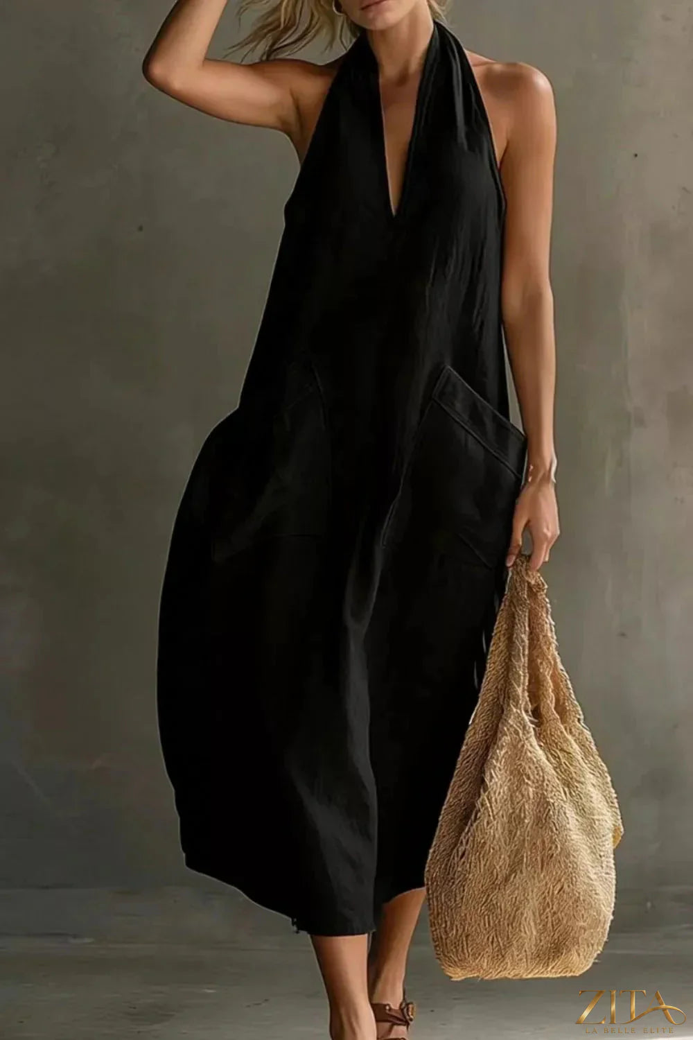 Zita La Belle Elite casual halter neck pocket midi dress in lightweight fabric, featuring a relaxed fit and side pockets.