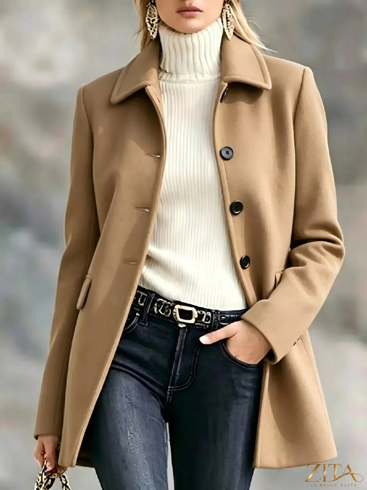 Zita La Belle Elite button-up coat with a collared neck, stylish and warm outerwear in black fabric.
