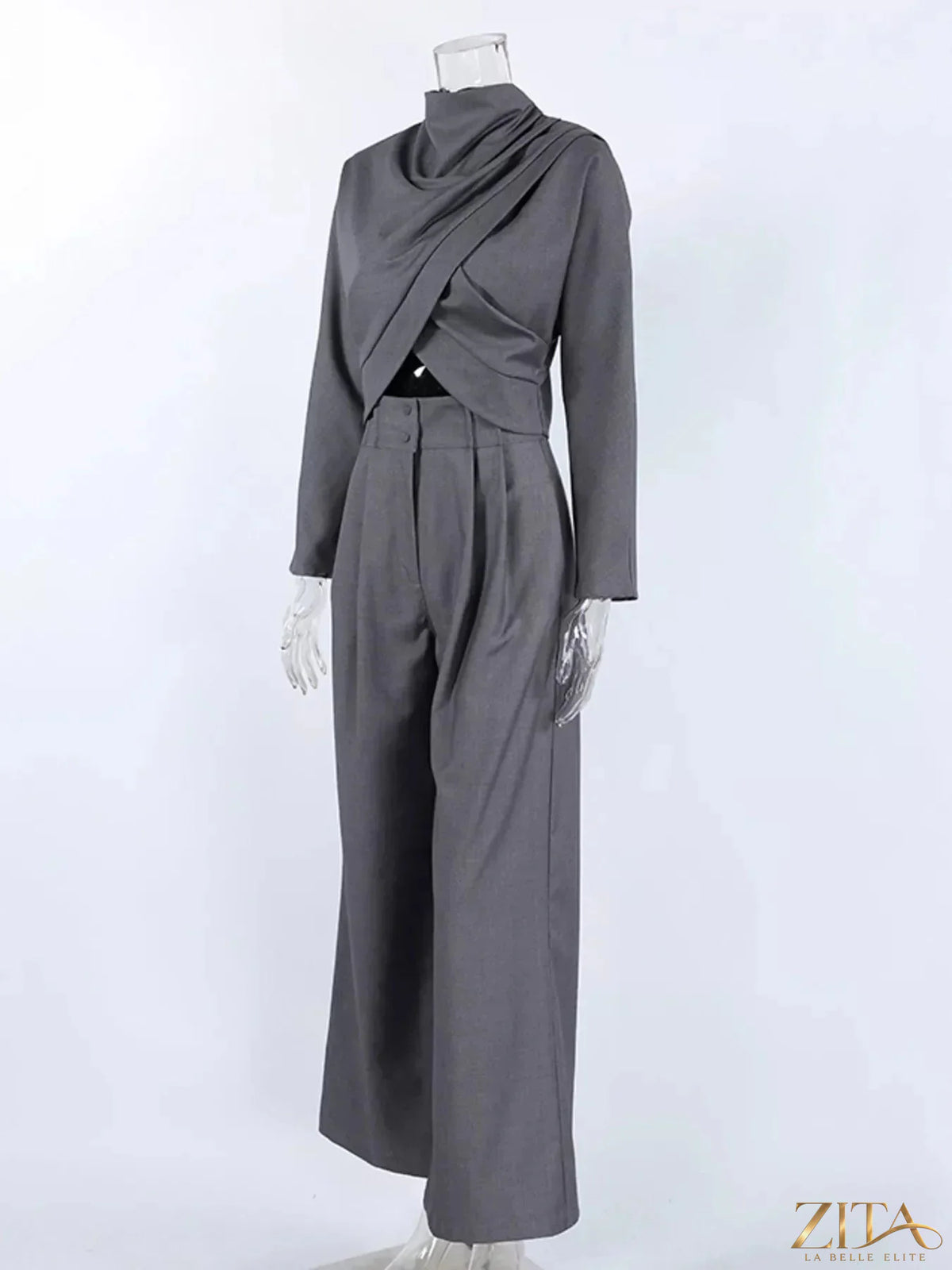 Zita La Belle Elite draped crop top and wide-leg pants set in black, stylish and comfortable outfit for casual or dressy occasions.