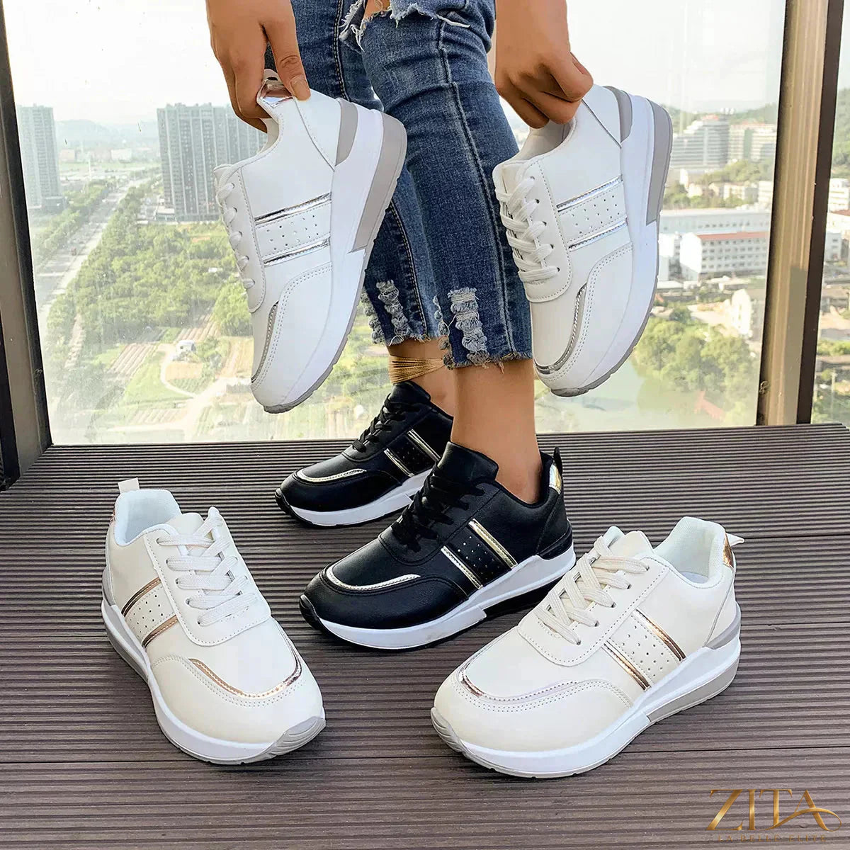 Zita La Belle Elite round toe lace-up sneakers in white with rubber sole and stylish design, ideal for casual wear.