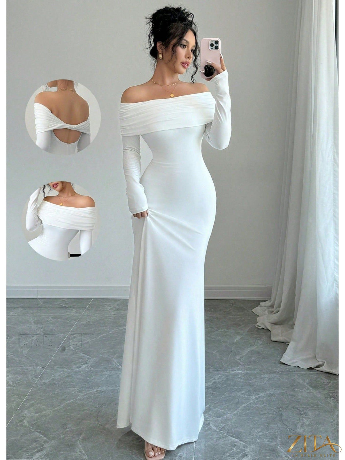 Elegant off-shoulder midi evening gown by Zita La Belle Elite, featuring a flowing silhouette and sophisticated design for formal occasions.
