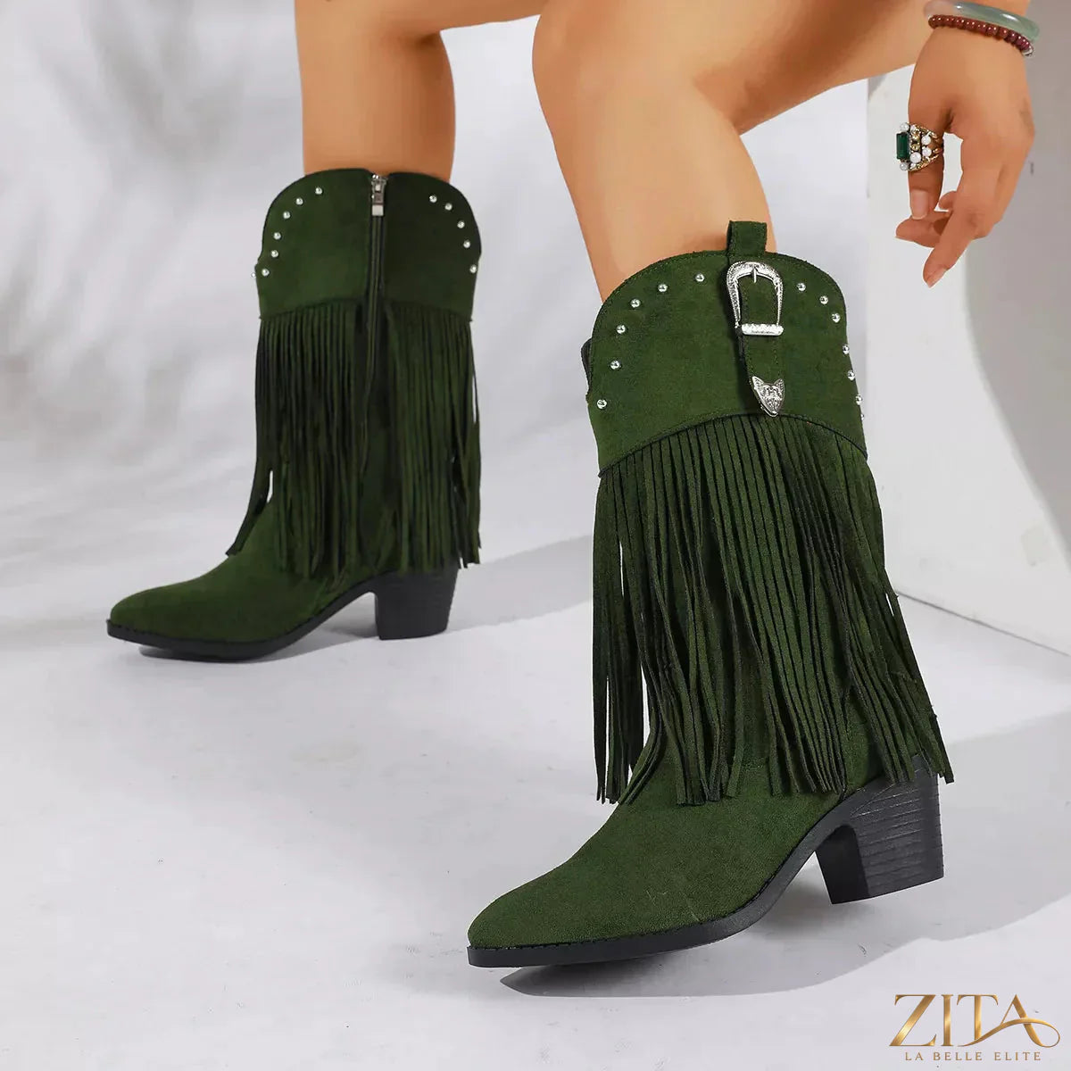 Zita La Belle Elite fringe round toe block heel boots showing black leather design with decorative fringe and sturdy block heel.