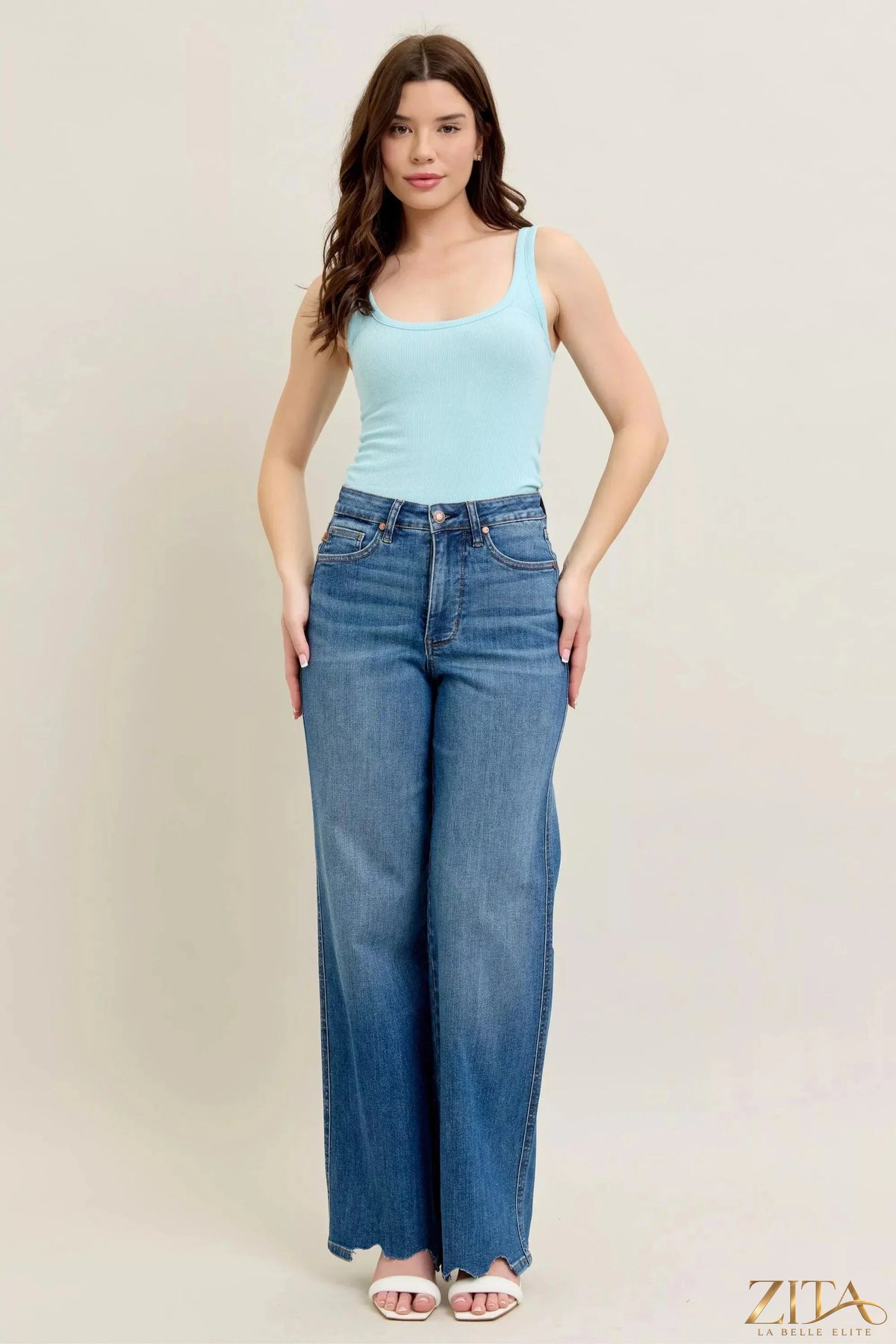 Zita La Belle Elite Judy Blue tummy control distressed wide jeans with ripped details and a high waist, casual denim style.