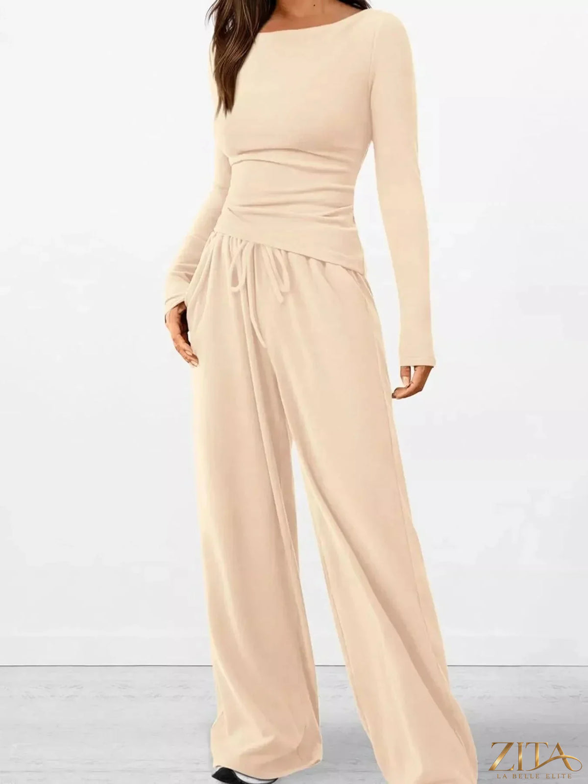 Zita La Belle Elite long sleeve top and wide-leg pants set, featuring a stylish matching outfit with a comfortable fit.