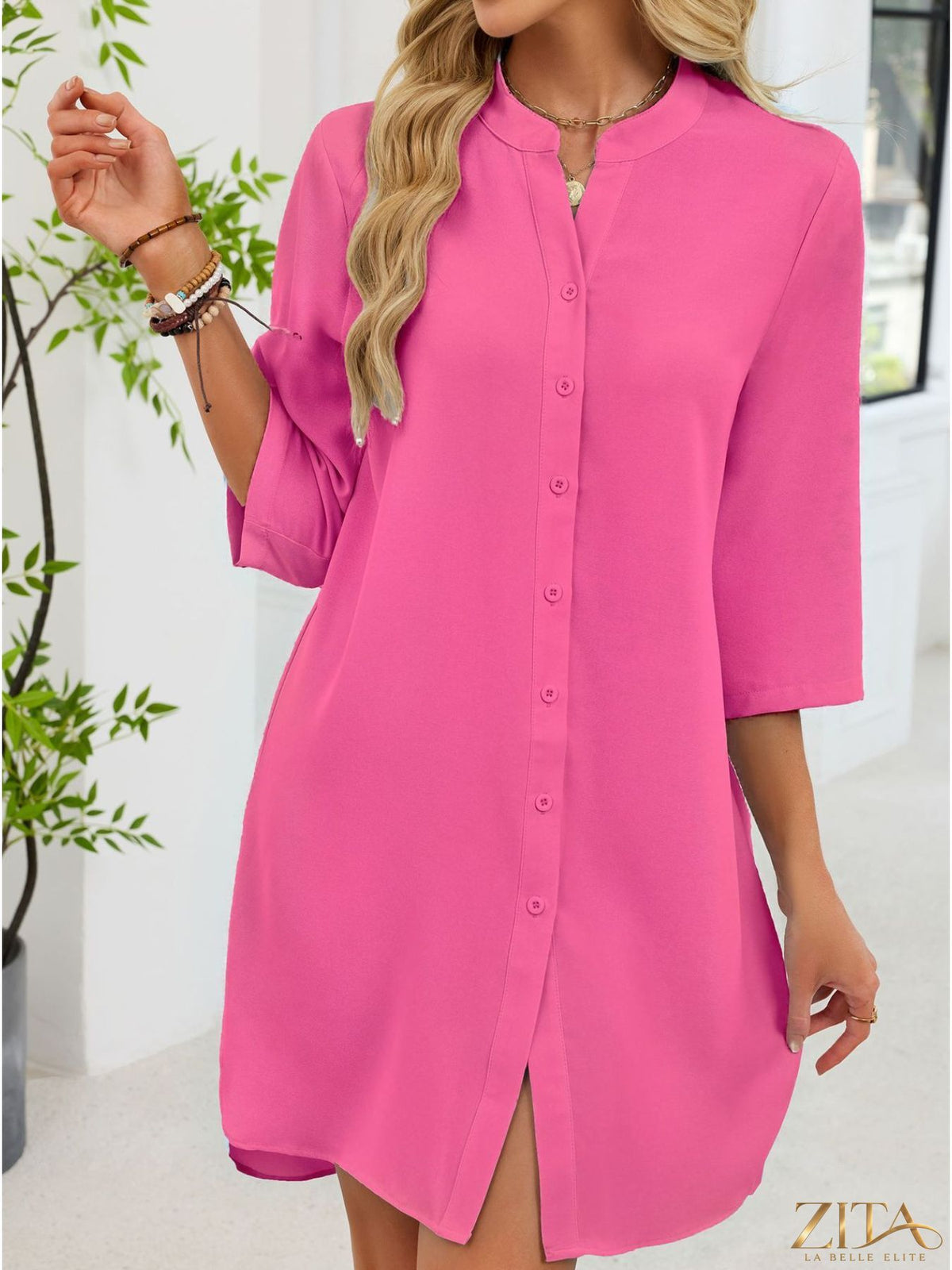 Zita La Belle Elite casual button-down shirt dress in lightweight fabric, featuring a classic collar and long sleeves.