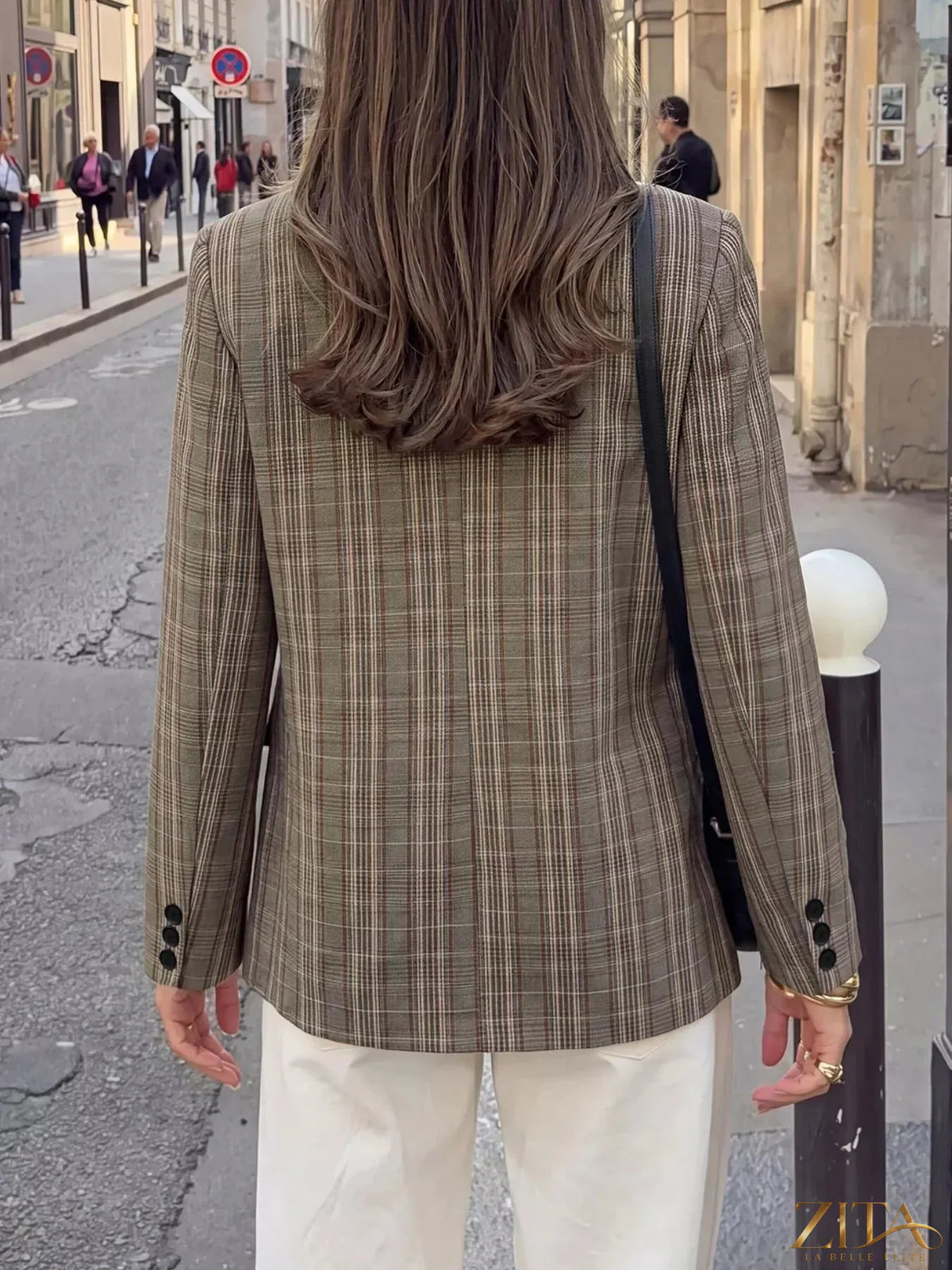 Zita La Belle Elite plaid single-button blazer with tailored fit, featuring classic check pattern and lapel collar on a model.