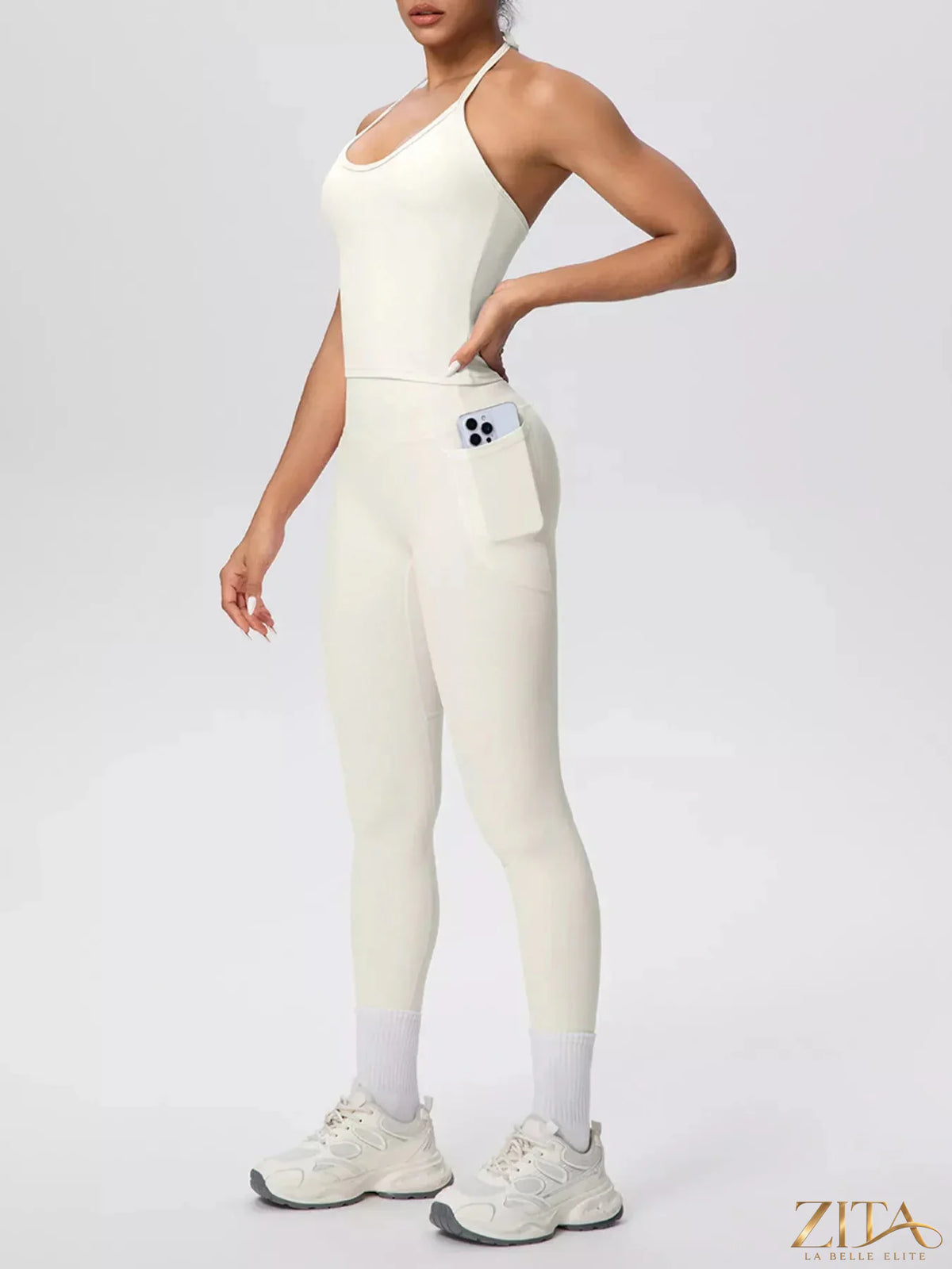 Zita La Belle Elite halter neck cami and high-waisted leggings active set displayed in a sleek, stylish workout ensemble.