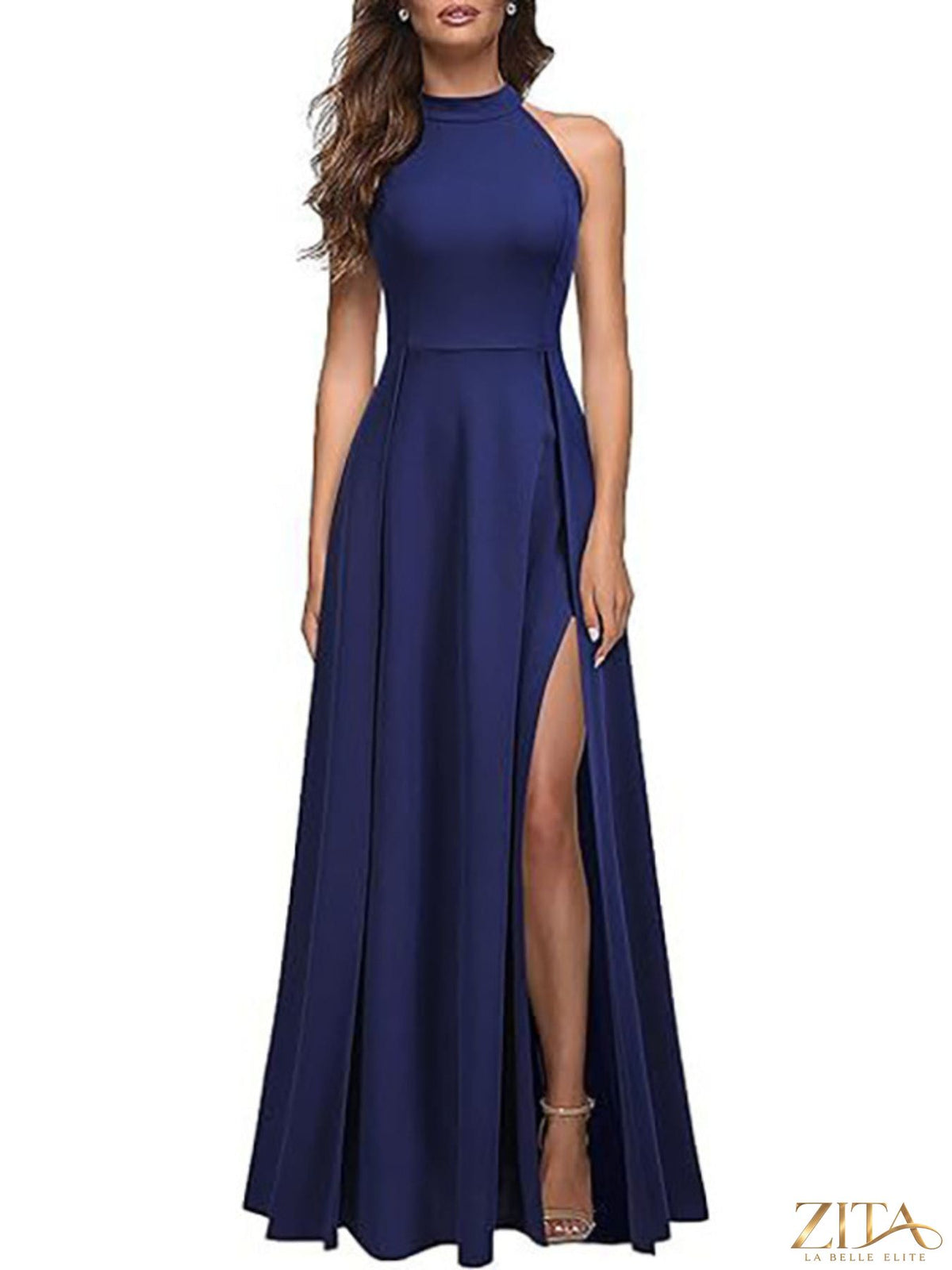 Zita La Belle Elite sleeveless slit maxi dress in flowing fabric, featuring a deep slit and elegant design for formal occasions.