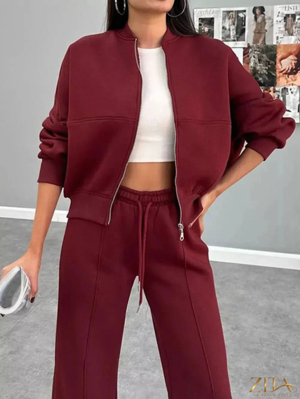 Zita La Belle Elite baseball collar zip-up outerwear with matching drawstring pants, casual athletic clothing set in black and white.