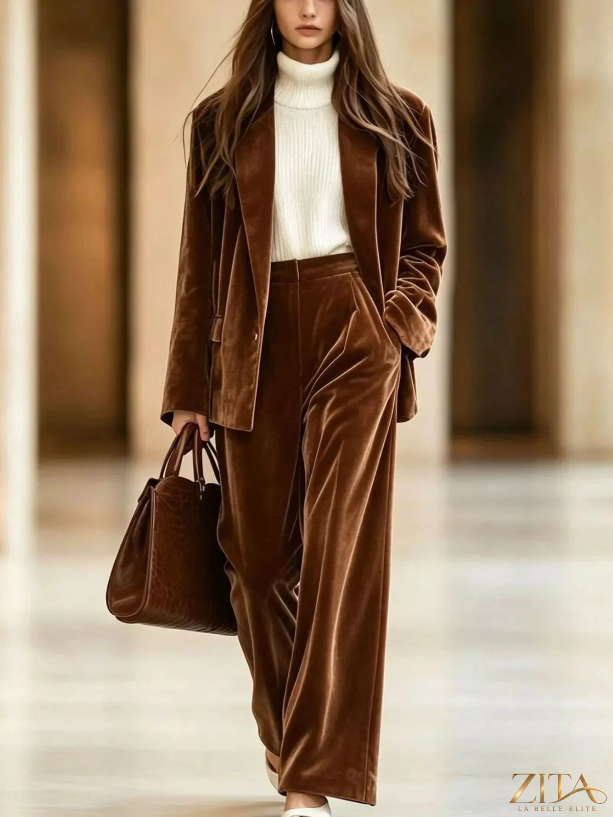 Zita La Belle Elite velvet blazer and wide-leg pants two-piece set, showing the luxurious fabric and stylish tailored fit.