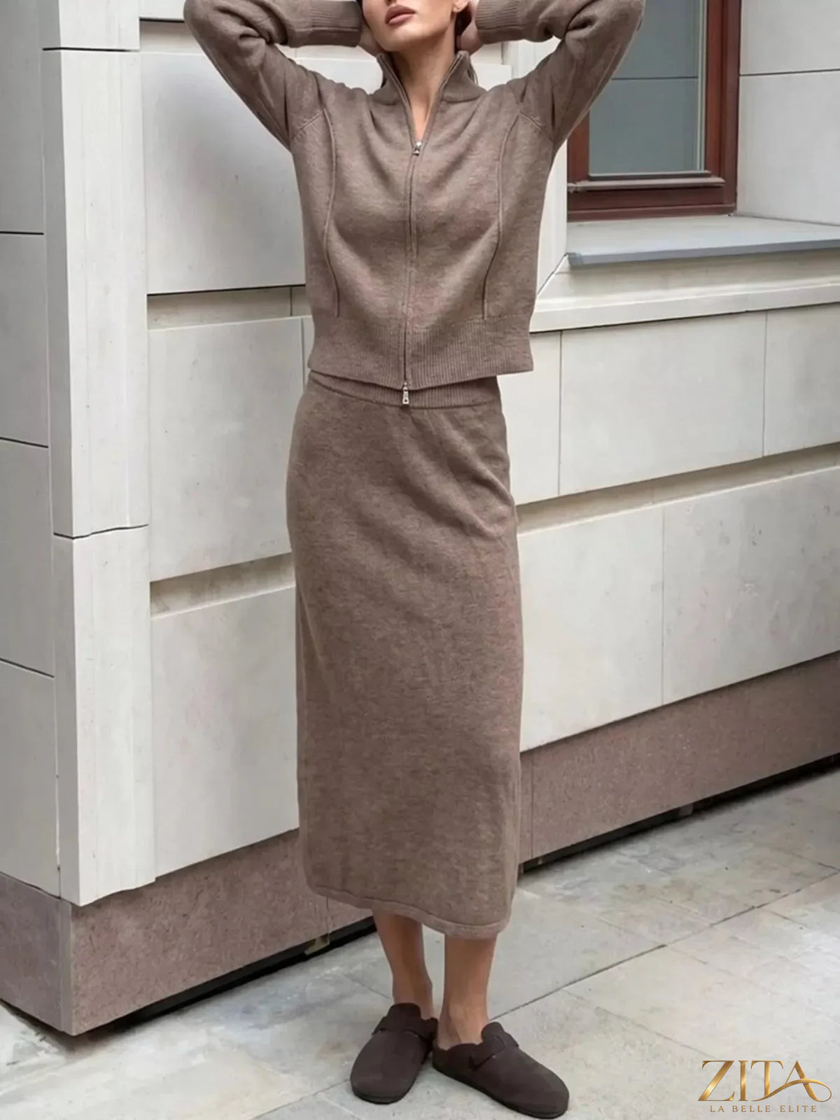 Zita La Belle Elite zip-up mock neck cardigan and matching midi skirt sweater set in soft fabric with coordinated design.