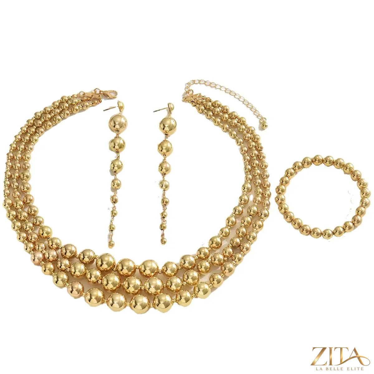 18K gold-plated layered beaded jewelry set featuring multiple strands and elegant design from Zita La Belle Elite