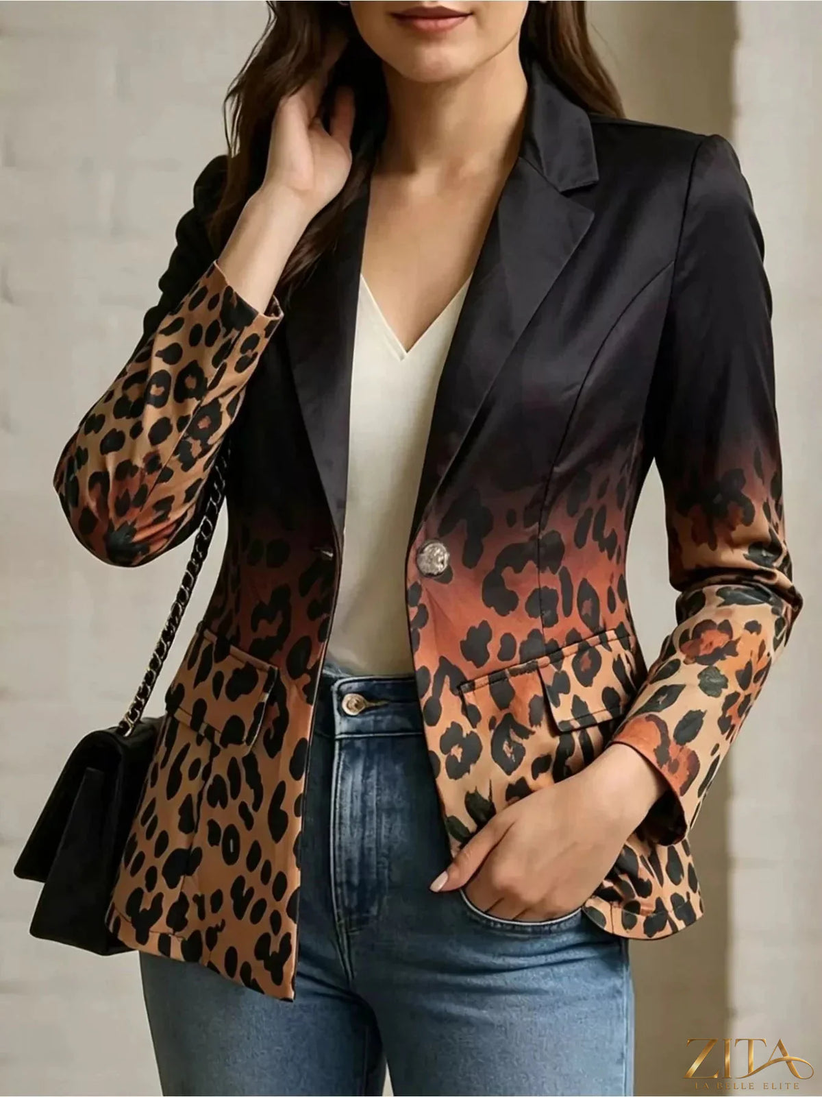 Zita La Belle Elite leopard print contrast long sleeve blazer with tailored fit and stylish design, featuring bold animal print details.