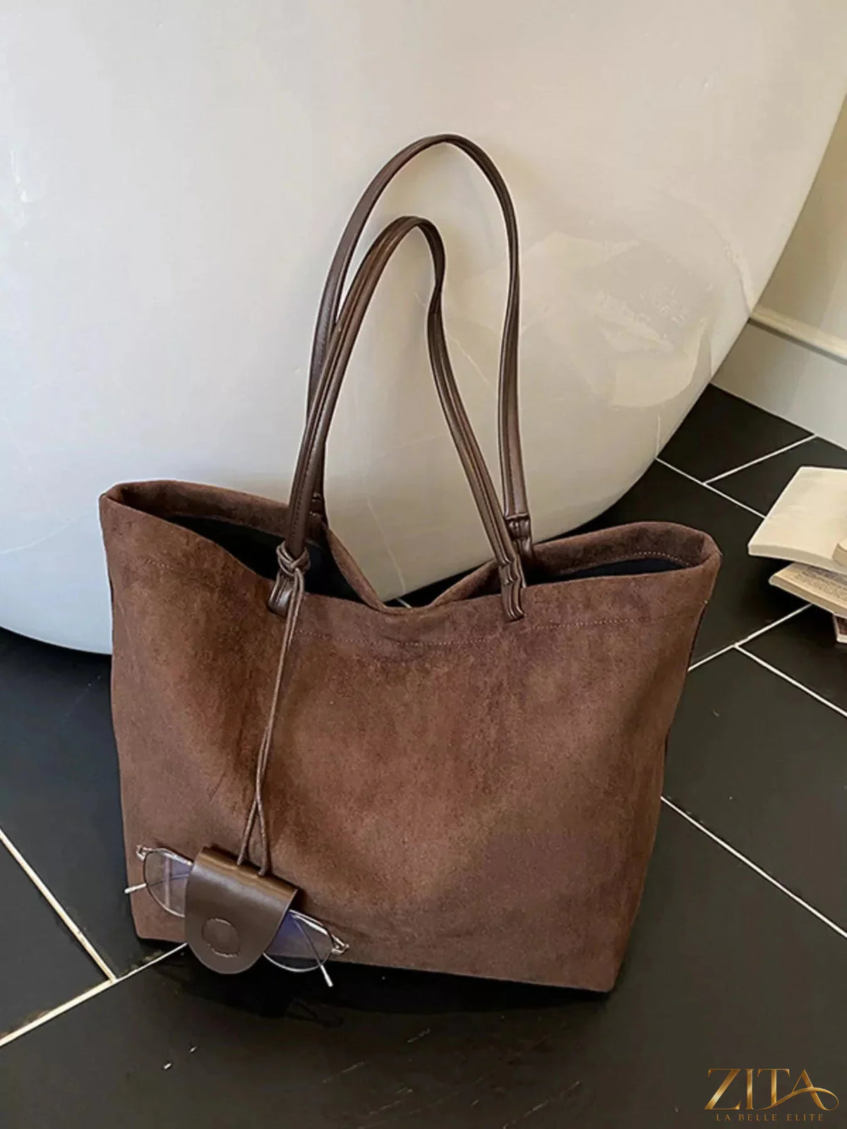 Zita La Belle Elite classic suede tote bag with sturdy handles and spacious interior, showcasing its soft, elegant tan suede material.