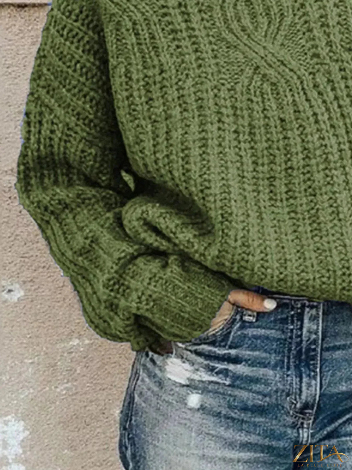 Zita La Belle Elite long sleeve turtleneck sweater in cozy knit fabric, close-up of the dark-colored collar and textured material