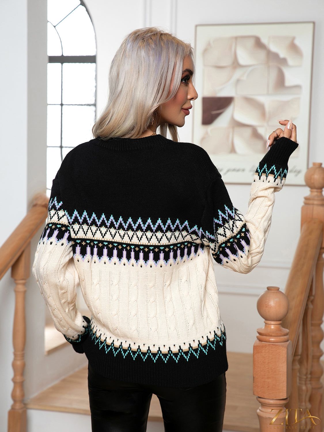 Cream round neck cable-knit sweater from Trendsi, featuring a cozy, textured knit pattern and classic fit.