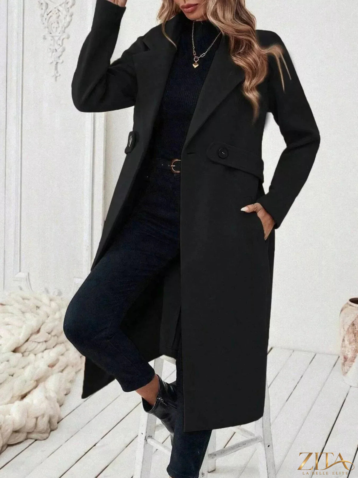 Zita La Belle Elite lapel collar longline coat in neutral fabric, showcasing its elegant design and tailored fit.